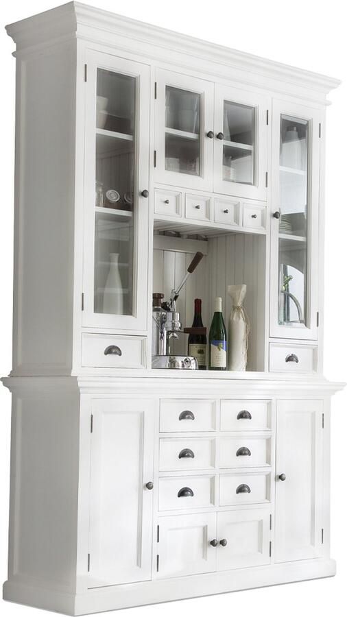 Hioshop Halifax vitrinekast met 4 glazen deuren en diverse lades en deuren in wit.