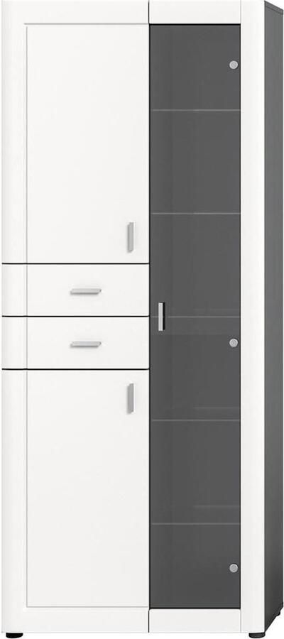 Hioshop Lago vitrinekast 1 glazen deur 2 deuren 2 laden mat wit grijs