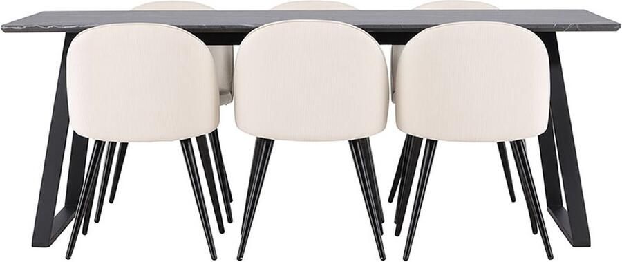 Hioshop Malaga eethoek eetkamertafel 90x200cm donkergrijs en 6 Skagen stoel fluweel beige.