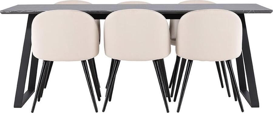 Hioshop Malaga eethoek eetkamertafel 90x200cm donkergrijs en 6 Skagen stoel velours beige.