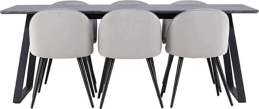 Hioshop Malaga eethoek eetkamertafel 90x200cm donkergrijs en 6 Skagen stoel velours grijs.