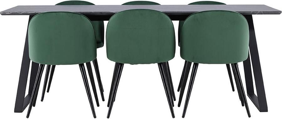 Hioshop Malaga eethoek eetkamertafel 90x200cm donkergrijs en 6 Skagen stoel velours groen.