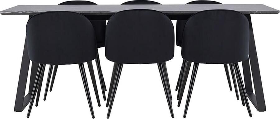 Hioshop Malaga eethoek eetkamertafel 90x200cm donkergrijs en 6 Skagen stoel velours zwart.