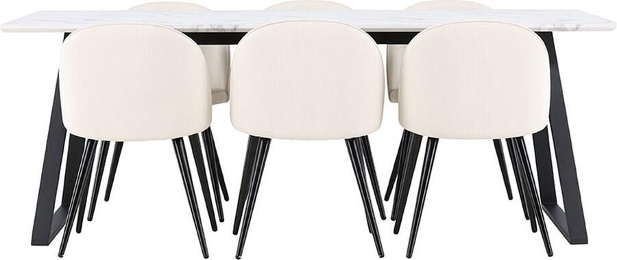 Hioshop Malaga eethoek eetkamertafel 90x200cm wit en 6 Skagen stoel fluweel beige.