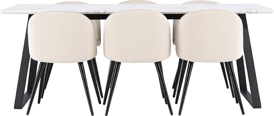 Hioshop Malaga eethoek eetkamertafel 90x200cm wit en 6 Skagen stoel velours beige.