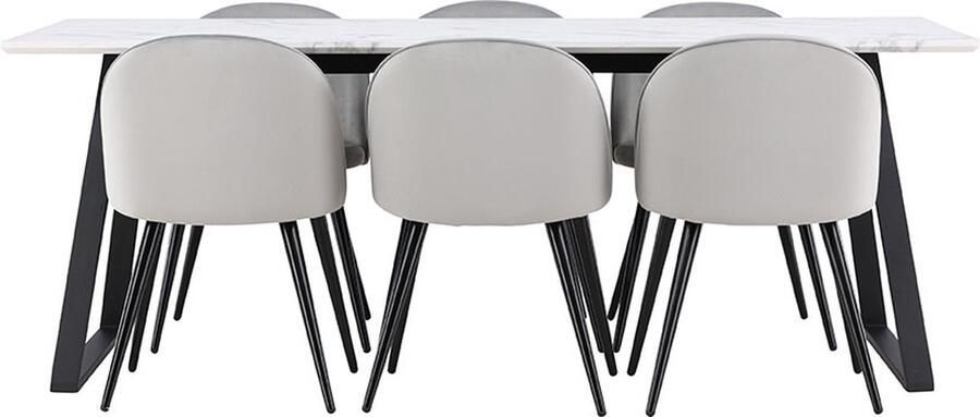 Hioshop Malaga eethoek eetkamertafel 90x200cm wit en 6 Skagen stoel velours grijs.