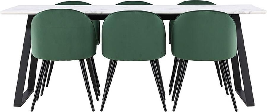 Hioshop Malaga eethoek eetkamertafel 90x200cm wit en 6 Skagen stoel velours groen.
