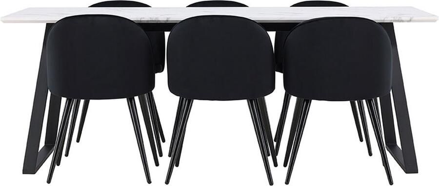 Hioshop Malaga eethoek eetkamertafel 90x200cm wit en 6 Skagen stoel velours zwart.