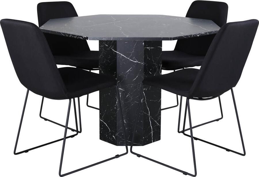 Hioshop Marbs eethoek eetkamertafel zwart marmer decor en 4 Muce eetkamerstal zwart.