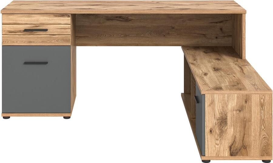 Hioshop Mason bureau hoek 2 deuren 1 lade 2 planken grijs eik decor.