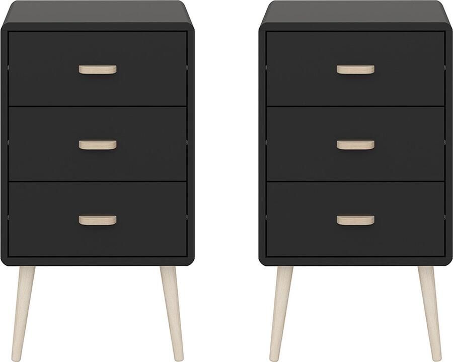 Hioshop Mino nachtkastje 2 st met 3 laden zwart.