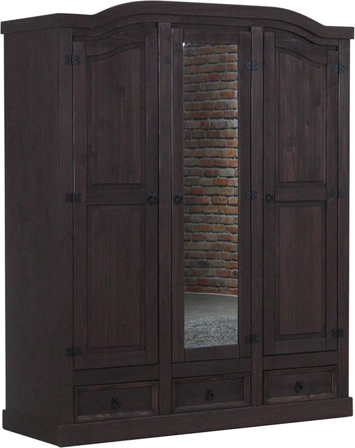 Hioshop New Mexico Kledingkast 3-deurs met spiegel Bruin grenen