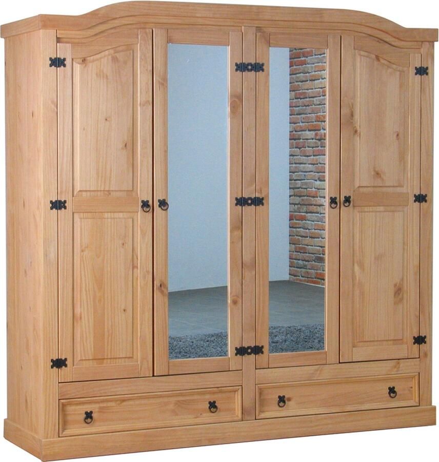 Hioshop New Mexico Kledingkast 4-deurs met spiegel Grenen