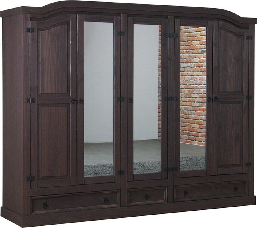 Hioshop New Mexico Kledingkast 5-deurs met spiegel Bruin grenen