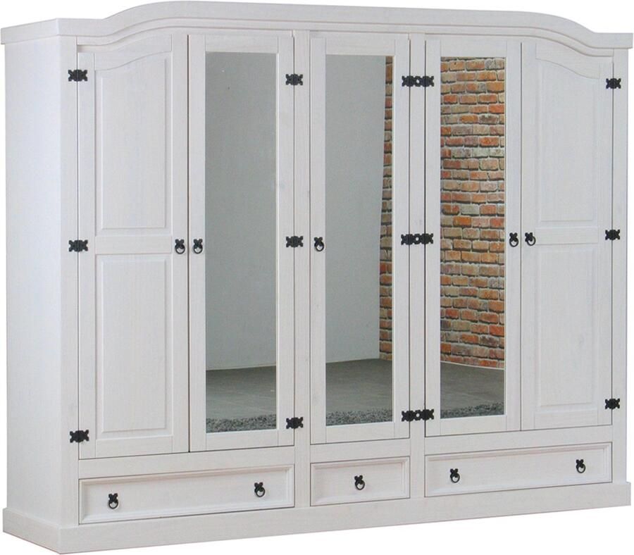 Hioshop New Mexico Kledingkast 5-deurs met spiegel Wit grenen