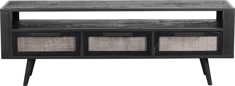 Hioshop NordicMindiRattan TV-meubel met 1 legplank en 3 laden zwart.