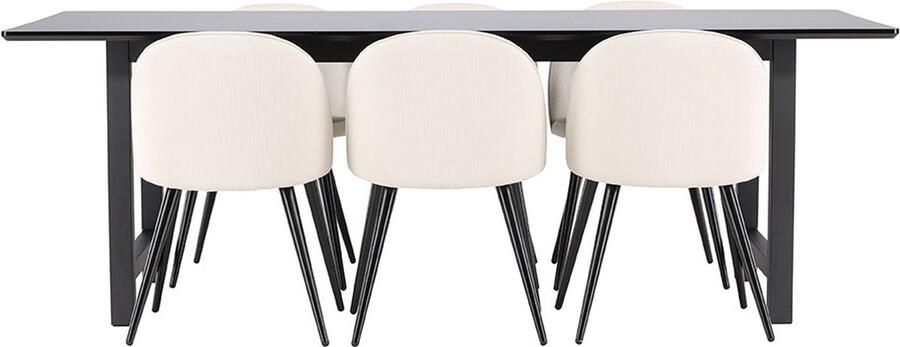 Hioshop Oslo eethoek eetkamertafel 100x220cm zwart en 6 Skagen stoel fluweel beige.