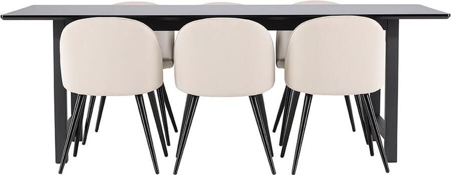 Hioshop Oslo eethoek eetkamertafel 100x220cm zwart en 6 Skagen stoel velours beige.