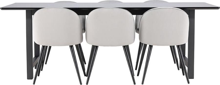 Hioshop Oslo eethoek eetkamertafel 100x220cm zwart en 6 Skagen stoel velours grijs.