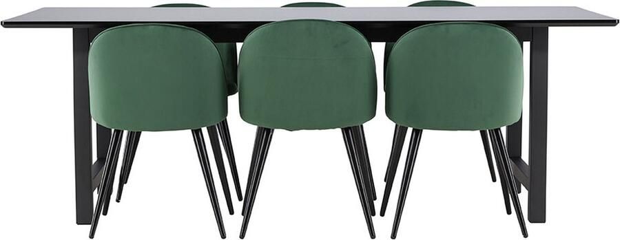Hioshop Oslo eethoek eetkamertafel 100x220cm zwart en 6 Skagen stoel velours groen.