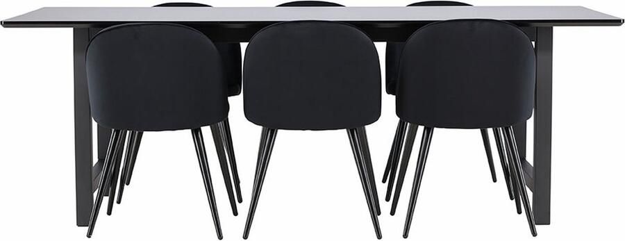Hioshop Oslo eethoek eetkamertafel 100x220cm zwart en 6 Skagen stoel velours zwart.