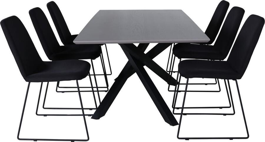 Hioshop PiazzaGRBL eethoek eetkamertafel grijs en 6 Muce eetkamerstal zwart.