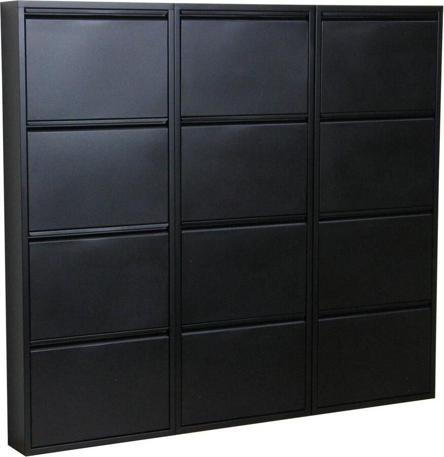 Hioshop Pisa schoenenkast zwart metaal met 4 vakken set van 3.