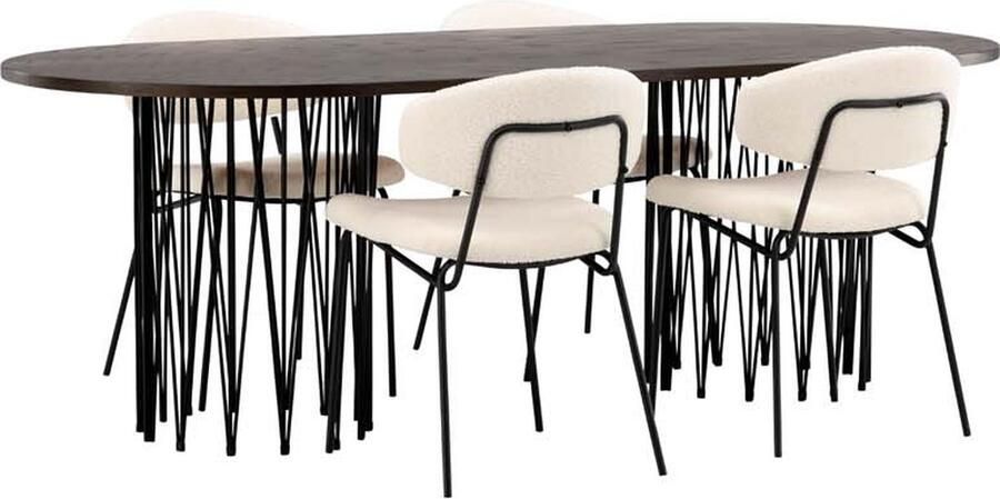 Hioshop Stone eethoek tafel mokka en 4 Chico stoelen wit.