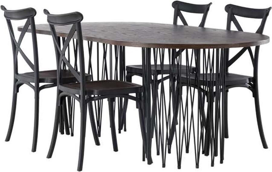 Hioshop Stone eethoek tafel mokka en 4 Crosett stoelen zwart.