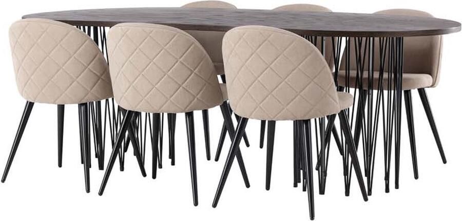 Hioshop Stone eethoek tafel mokka en 6 Velvet stoelen beige.