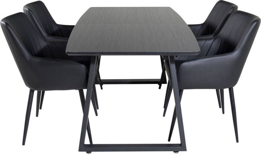Hioshop IncaBLBL eethoek eetkamertafel uitschuifbare tafel lengte cm 160 200 zwart en 4 Comfort eetkamerstal PU kunstleer zwart