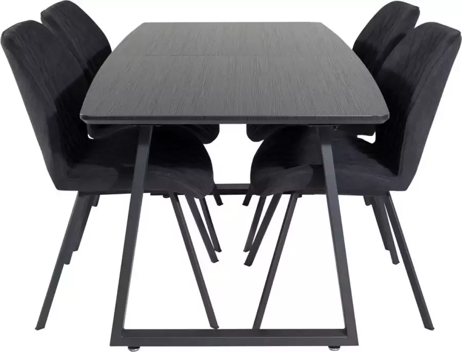 Hioshop IncaBLBL eethoek eetkamertafel uitschuifbare tafel lengte cm 160 200 zwart en 4 Gemma eetkamerstal zwart.