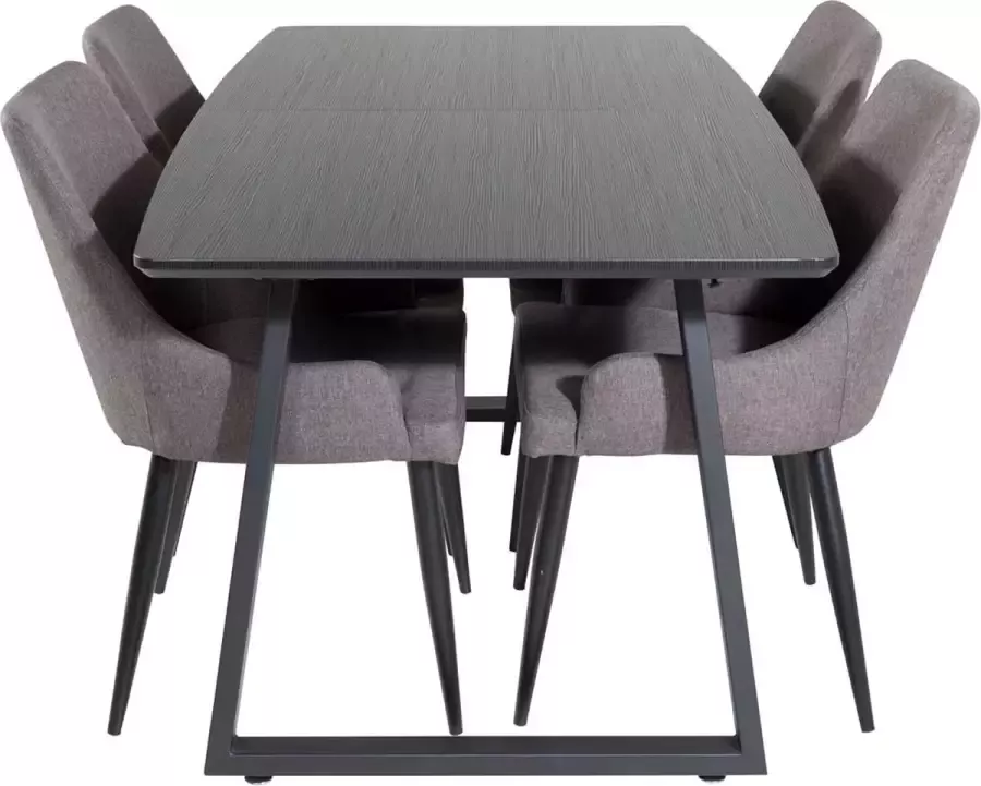 Hioshop IncaBLBL eethoek eetkamertafel uitschuifbare tafel lengte cm 160 200 zwart en 4 Plaza eetkamerstal grijs zwart.