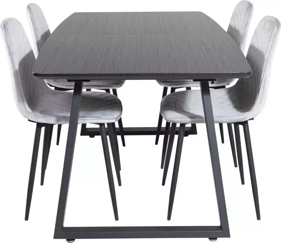 Hioshop IncaBLBL eethoek eetkamertafel uitschuifbare tafel lengte cm 160 200 zwart en 4 Polar Diamond eetkamerstal velours grijs - Foto 1