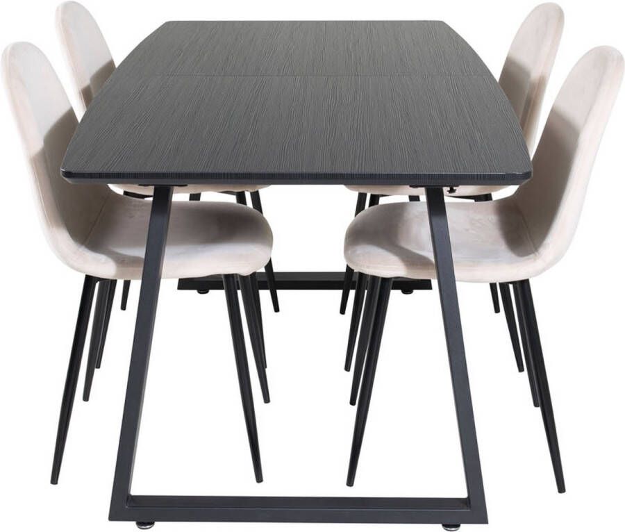 Hioshop IncaBLBL eethoek eetkamertafel uitschuifbare tafel lengte cm 160 200 zwart en 4 Polar eetkamerstal velours grijs. - Foto 2