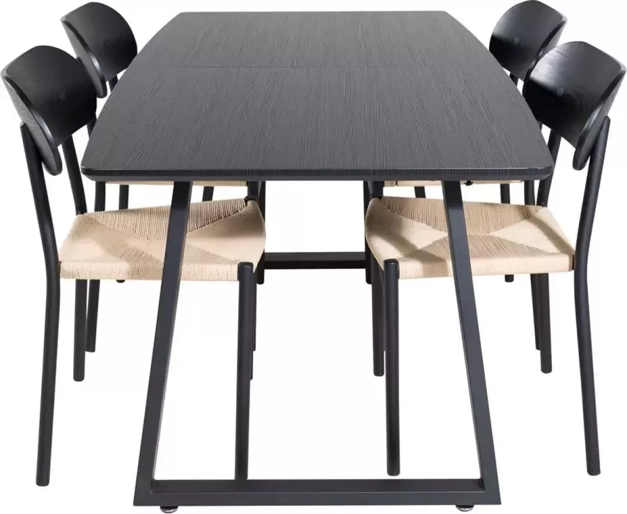 Hioshop IncaBLBL eethoek eetkamertafel uitschuifbare tafel lengte cm 160 200 zwart en 4 Polly eetkamerstal natuur zwart.