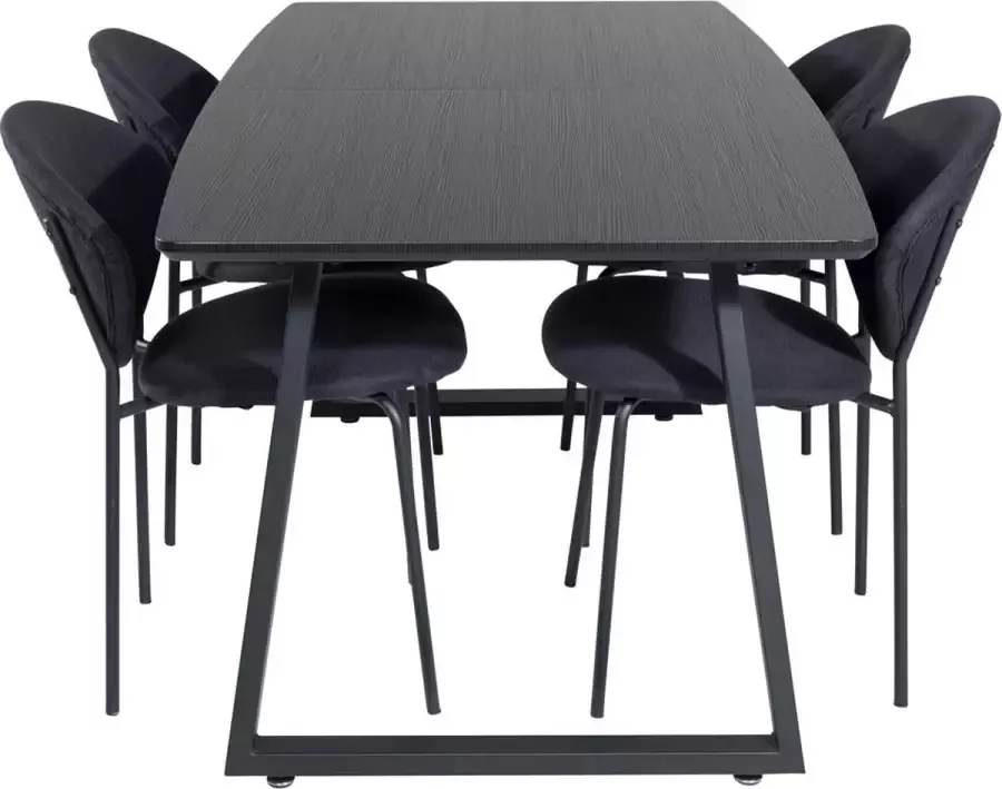 Hioshop IncaBLBL eethoek eetkamertafel uitschuifbare tafel lengte cm 160 200 zwart en 4 Vault eetkamerstal zwart. - Foto 1