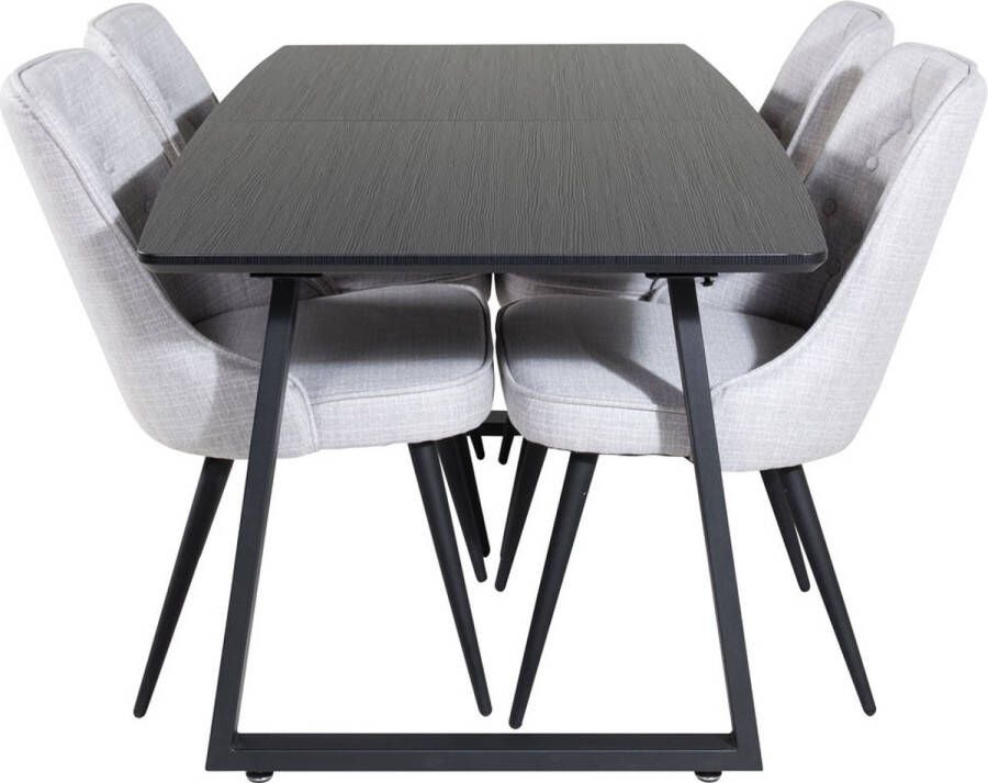 Hioshop IncaBLBL eethoek eetkamertafel uitschuifbare tafel lengte cm 160 200 zwart en 4 Velvet Deluxe eetkamerstal zwart.