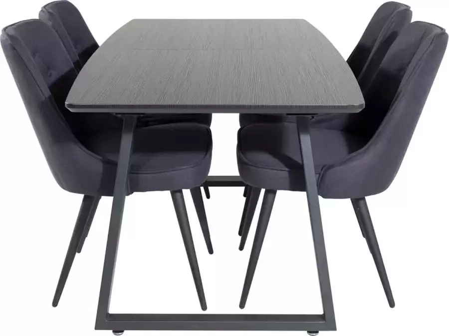 Hioshop IncaBLBL eethoek eetkamertafel uitschuifbare tafel lengte cm 160 200 zwart en 4 Velvet Deluxe eetkamerstal zwart. - Foto 2