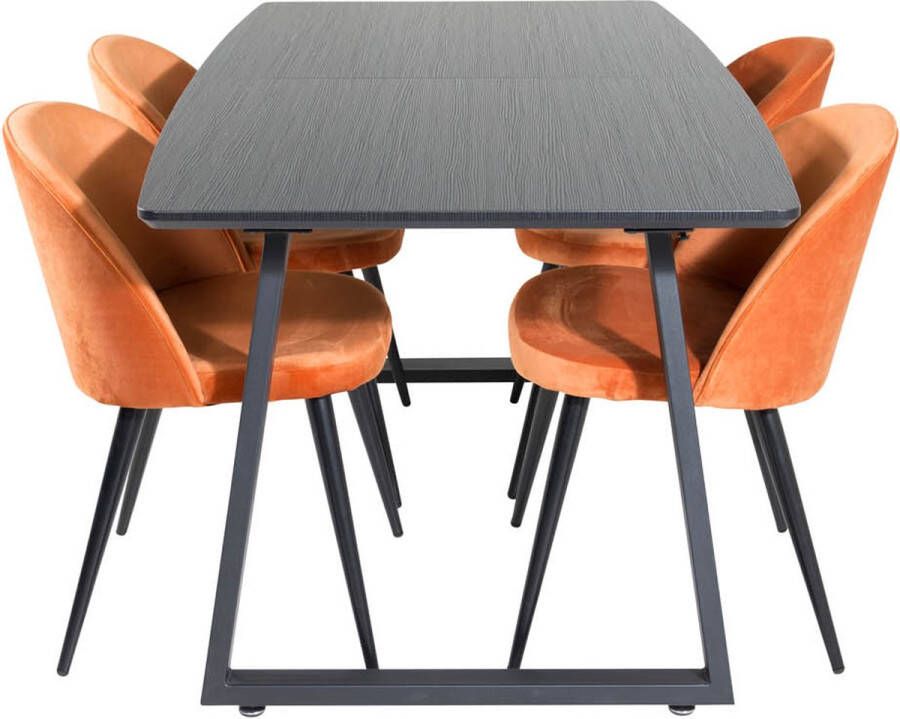 Hioshop IncaBLBL eethoek eetkamertafel uitschuifbare tafel lengte cm 160 200 zwart en 4 Velvet eetkamerstal velours oranje zwart - Foto 1