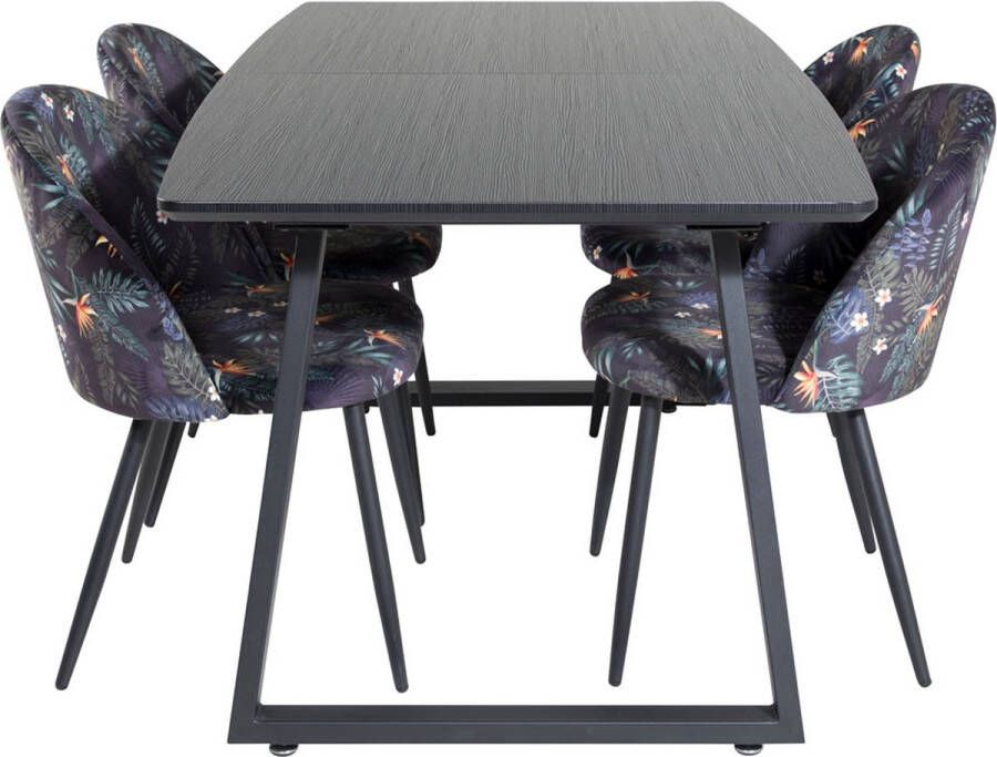 Hioshop IncaBLBL eethoek eetkamertafel uitschuifbare tafel lengte cm 160 200 zwart en 4 Velvet eetkamerstal velours lichtgrijs - Foto 3