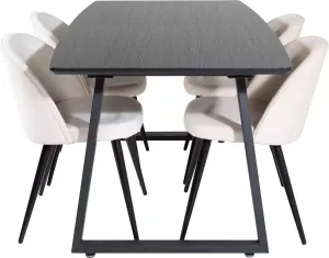 Hioshop IncaBLBL eethoek eetkamertafel uitschuifbare tafel lengte cm 160 200 zwart en 4 Velvet eetkamerstal velours lichtgrijs