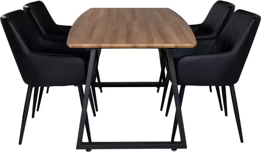 Hioshop IncaNABL eethoek eetkamertafel uitschuifbare tafel lengte cm 160 200 el hout decor en 4 Comfort eetkamerstal PU kunstleer zwart - Foto 2