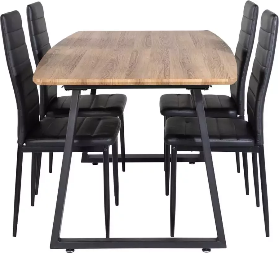 Hioshop IncaNABL eethoek eetkamertafel uitschuifbare tafel lengte cm 160 200 el hout decor en 4 Slim High Back eetkamerstal PU kunstleer zwart