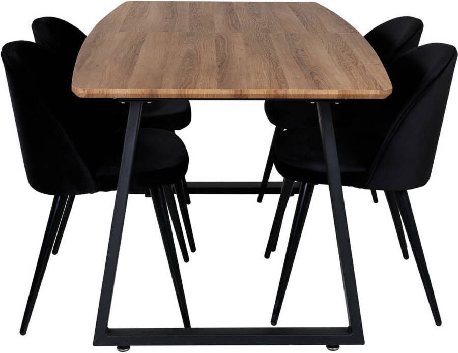 Hioshop IncaNABL eethoek eetkamertafel uitschuifbare tafel lengte cm 160 200 el hout decor en 4 Velvet eetkamerstal velours zwart