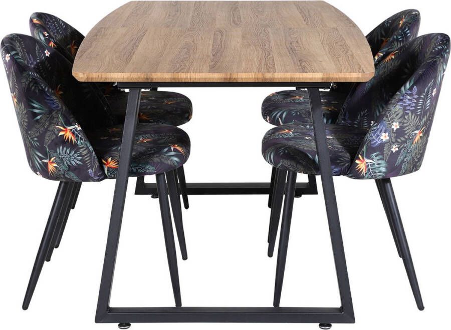 Hioshop IncaNABL eethoek eetkamertafel uitschuifbare tafel lengte cm 160 200 el hout decor en 4 Velvet Deluxe eetkamerstal zwart - Foto 2