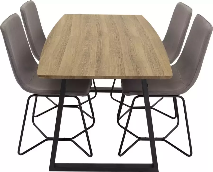 Hioshop IncaNABL eethoek eetkamertafel uitschuifbare tafel lengte cm 160 200 el hout decor en 4 X-chair eetkamerstal grijs.