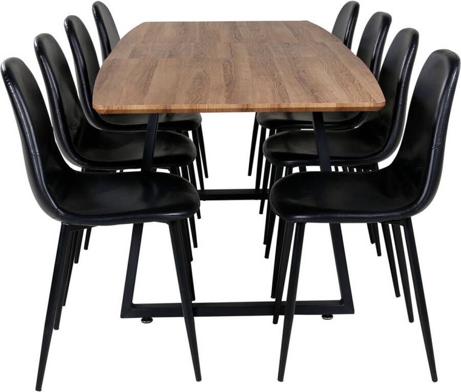 Hioshop IncaNABL eethoek eetkamertafel uitschuifbare tafel lengte cm 160 200 el hout decor en 8 Polar eetkamerstal PU kunstleer zwart PU kunstleer