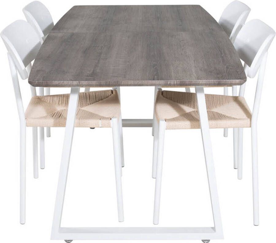 Hioshop IncaNAWH eethoek eetkamertafel uitschuifbare tafel lengte cm 160 200 el hout decor grijs en 4 Polly eetkamerstal natuur wit - Foto 1