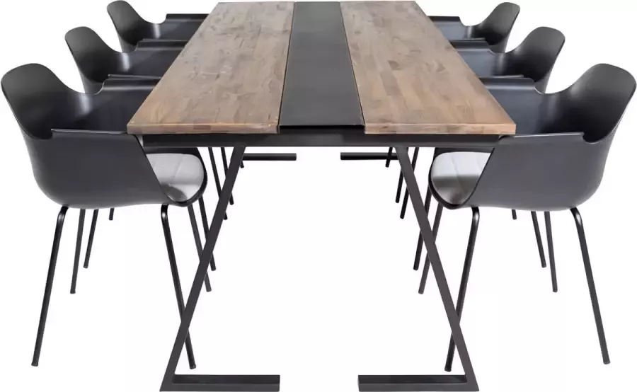 Hioshop Jakarta eethoek eetkamertafel teakhout en 6 Comfort eetkamerstal zwart.